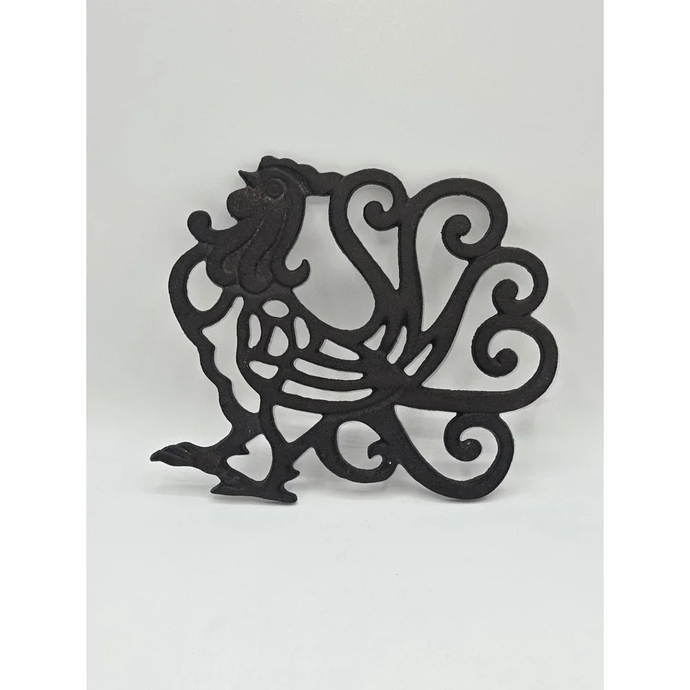 Vintage Cast Iron Rooster Trivet Black Scrollwork Chicken Hot Plate Wall Decor